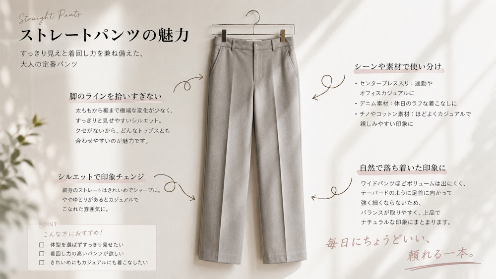 ストレートパンツとは？特徴・メリット・着こなし例までわかりやすく解説