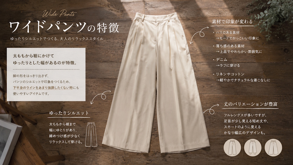 ワイドパンツとは？特徴・メリット・着こなし例までわかりやすく解説
