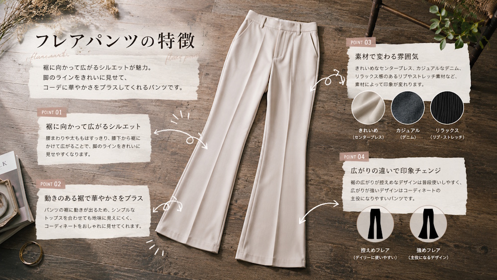 フレアパンツとは？特徴・メリット・着こなし例までわかりやすく解説