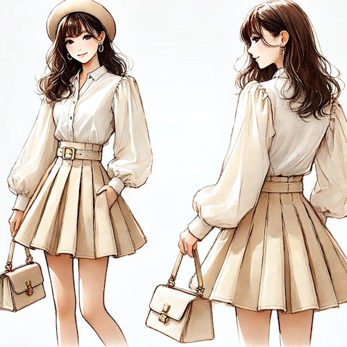 以下のコーディネートを作成してください。 日本の20代前半の女性の着こなしです。 背景は真っ白、柔らかみのある幻想的な水彩画風のイラストを正方形でお願いします。 ブラックシューズで締める淡色コーデ（ブラック入り） アイテム：ベージュのセットアップ（ニット＆スカート）＋黒の厚底ローファー＋ベージュのハンドバッグ 特徴：コーデ自体はオール淡色、小物でブラックを効かせてピリッと引き締めるテクニック。