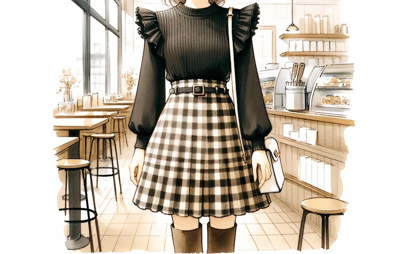 肩フリルトップスのニットやブラウス、ワンピースの可愛いコーディネートまとめ