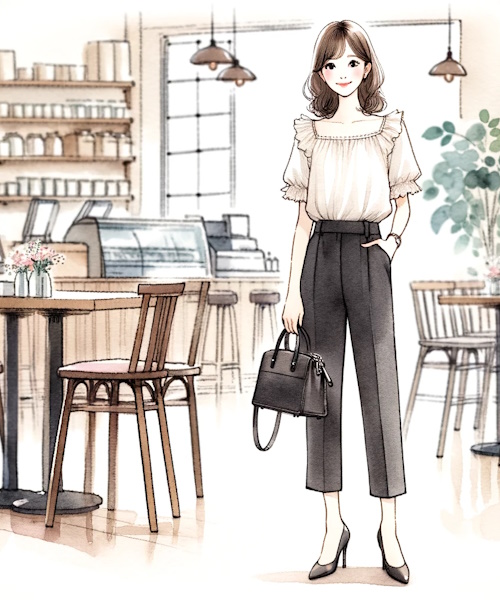 肩フリルトップスのニットやブラウス、ワンピースの可愛いコーディネートまとめ