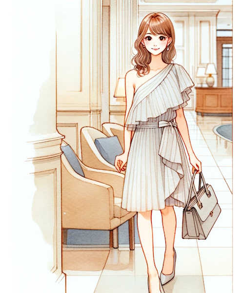 肩フリルトップスのニットやブラウス、ワンピースの可愛いコーディネートまとめ