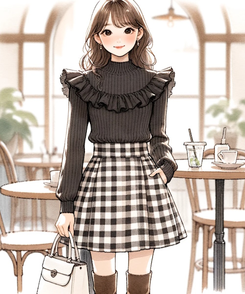 肩フリルトップスのニットやブラウス、ワンピースの可愛いコーディネートまとめ