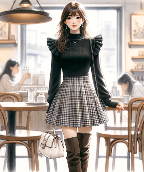 肩フリルトップスのニットやブラウス、ワンピースの可愛いコーディネートまとめ