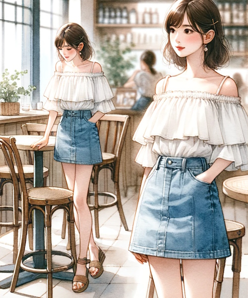 肩フリルトップスのニットやブラウス、ワンピースの可愛いコーディネートまとめ