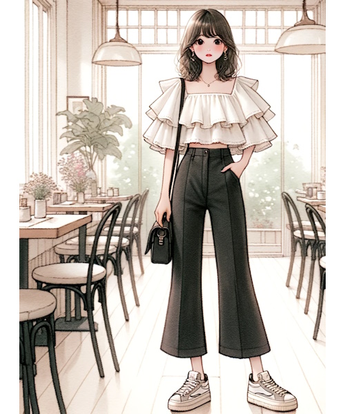 肩フリルトップスのニットやブラウス、ワンピースの可愛いコーディネートまとめ