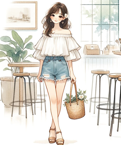 肩フリルトップスのニットやブラウス、ワンピースの可愛いコーディネートまとめ