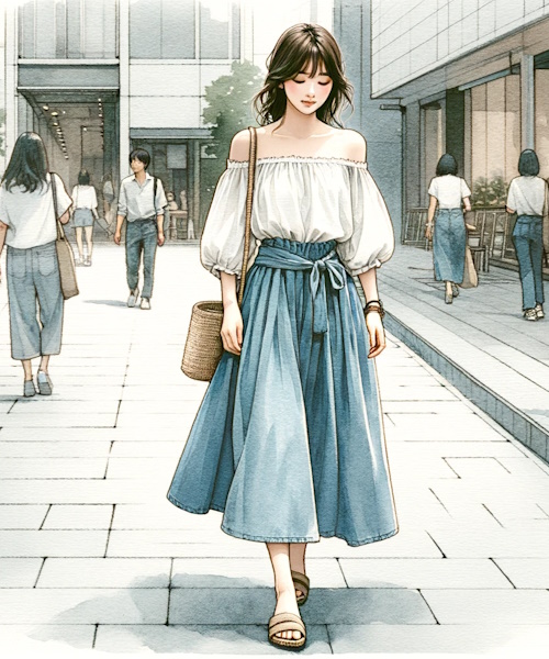 肩フリルトップスのニットやブラウス、ワンピースの可愛いコーディネートまとめ