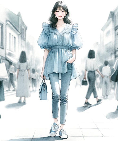 肩フリルトップスのニットやブラウス、ワンピースの可愛いコーディネートまとめ