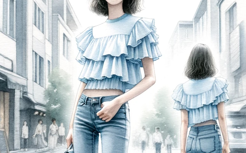 肩フリルトップスのニットやブラウス、ワンピースの可愛いコーディネートまとめ