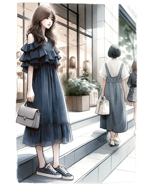 肩フリルトップスのニットやブラウス、ワンピースの可愛いコーディネートまとめ