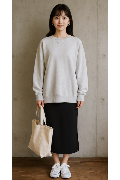 オーバーサイズスウェット×ナロースカートの大人カジュアル