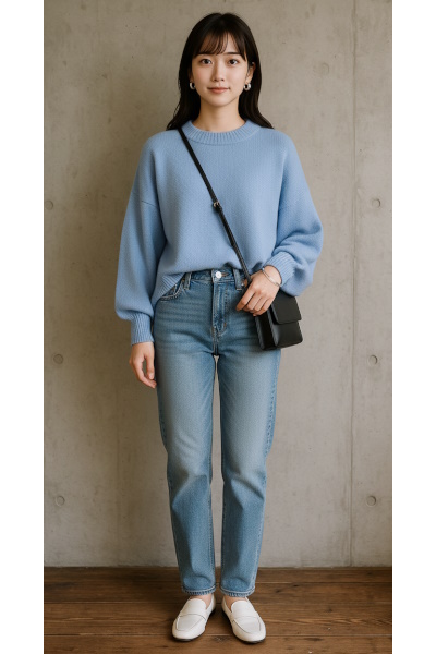 オーバーサイズニット×ストレートデニムのシンプルコーデ