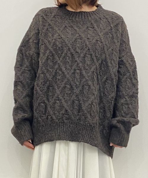 SAISON DE PAPILLON アーガイル調ケーブル編みニットプルオーバー