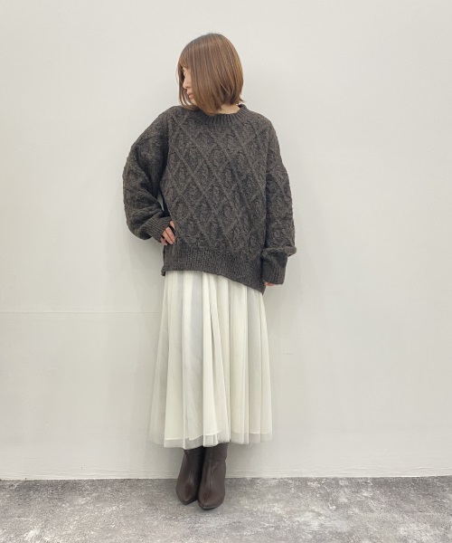 SAISON DE PAPILLON アーガイル調ケーブル編みニットプルオーバー