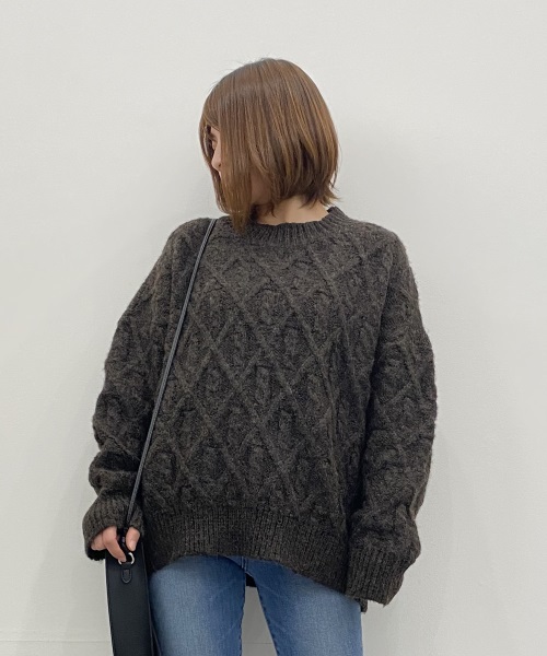 SAISON DE PAPILLON アーガイル調ケーブル編みニットプルオーバー