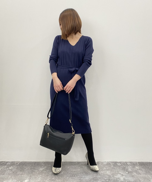 SAISON DE PAPILLON　ウエストリボンニットワンピース