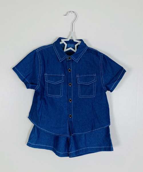 女の子幼児 ドロップショルダー フラップポケット デニムブラウス ＆ ショートパンツ