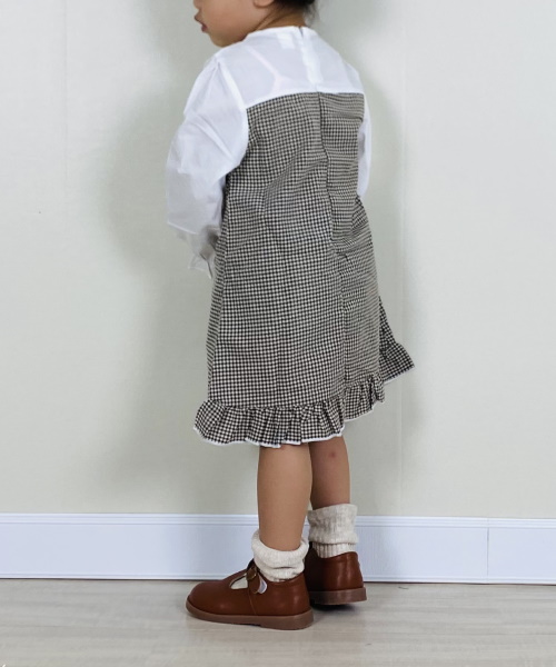 女の子幼児 ツーインワンドレス ギンガム フラウンススリーブ フリル裾