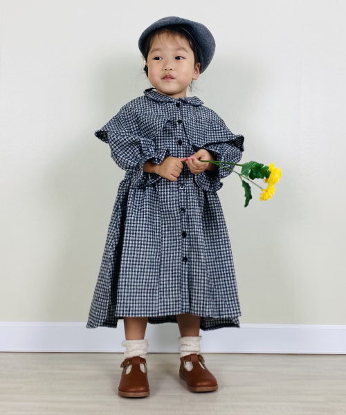 6SHEIN 女の子幼児 格子縞 フラウンススリーブ フリルトリム ウール混紡 コート