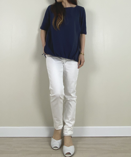 DoCLASSE　ドローコード付ボートネック／5分袖・ドゥクラッセTシャツ　4,389円（税込）