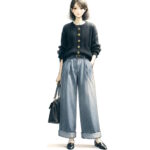 上品ブラックニット×デニムワイドパンツの大人カジュアルな着こなし術