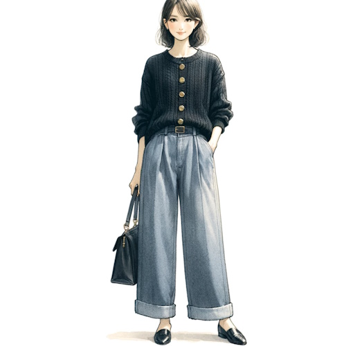 上品ブラックニット×デニムワイドパンツの大人カジュアルな着こなし術