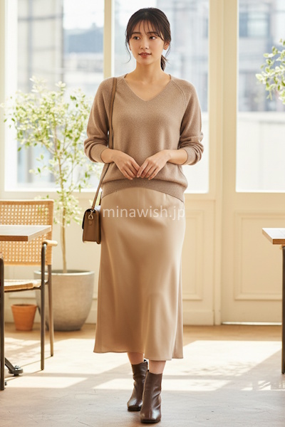 成功例の視点：ラグランスリーブとVネックで視線を縦に流す