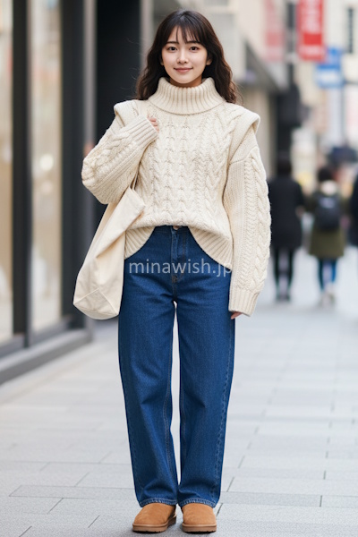 NGになりやすい例：肩線がはっきりしたニットと、詰まった首元