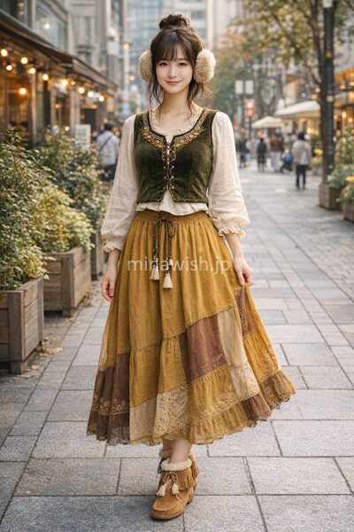 【フォークロア】秋色刺繍の散策スタイル